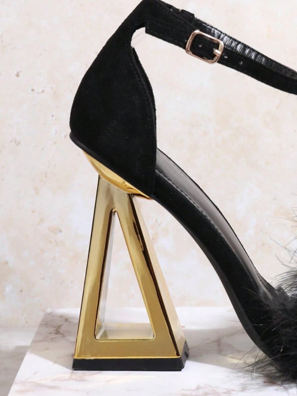 Black Chic Women's Fluffy Open-Toe Ankle-Strap Party Sandals - Picture 5 of 5